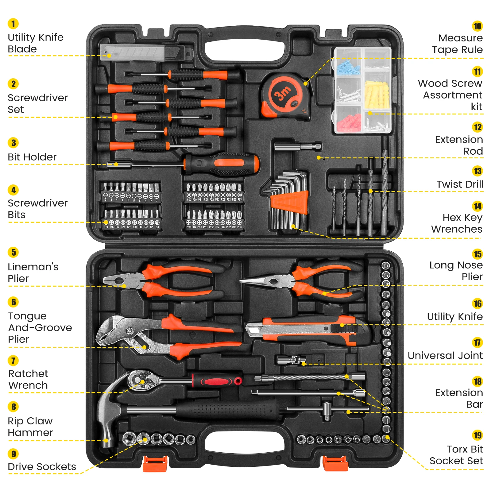 171 Piece Socket Wrench Auto Repair Tool Combination Package Ratchet Wrench, Household Tool Set General Mechanic Tool Kit and Socket Set, Mixed Tool Set Hand Tool Kit with Toolbox Storage Case 2 3