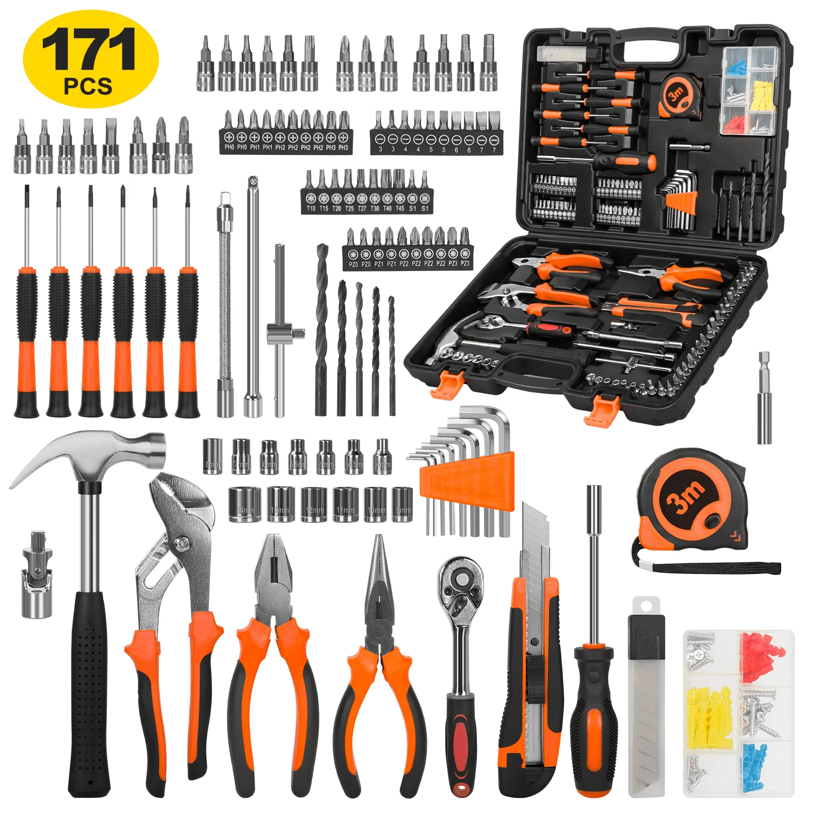 171 Piece Socket Wrench Auto Repair Tool Combination Package Ratchet Wrench, Household Tool Set General Mechanic Tool Kit and Socket Set, Mixed Tool Set Hand Tool Kit with Toolbox Storage Case 2